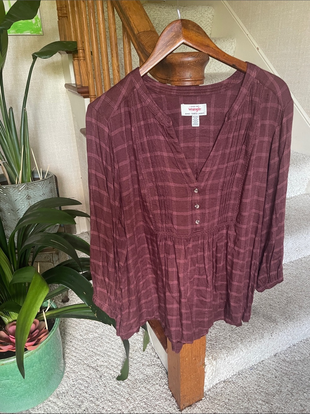 Wrangler Women's Maroon Plaid Peasant Tunic